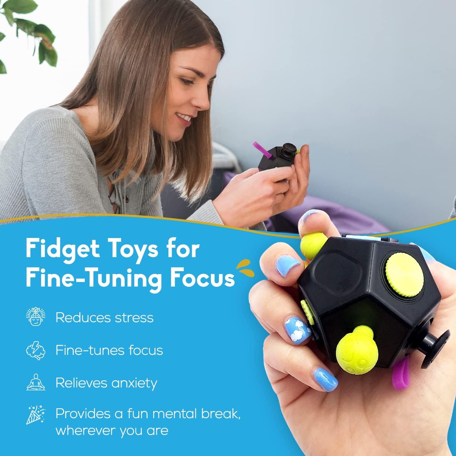 Thefube Fidget Cube with 12 Sides - Handy Anxiety Toys for Kids and Adults
